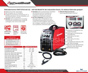 Schweißgerät - Elektrodeninverter CRAFT-STICK 403 CEL für Zellulose Elektroden