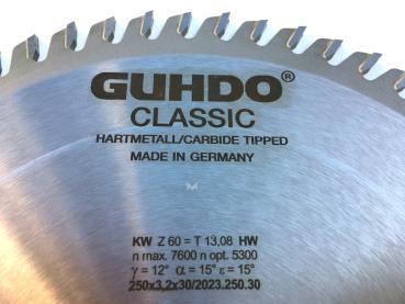 GUHDO HW-Kreissägeblatt 250x3,2/2,2x30 Z60 WZ 2023.250.30