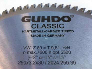 GUHDO HW-Kreissägeblatt 250x3,2/2,2x30 Z80 WZ 2024.250.30