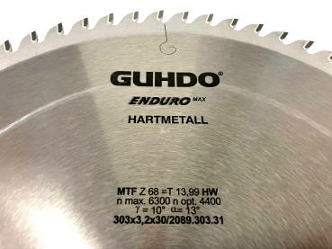 GUHDO HW-Kreissägeblatt 303x3,2/2,2x30 Z68TF Enduro Max 2089.303.31 für Aluminium