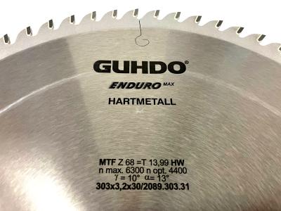 GUHDO HW-Kreissägeblatt 303x3,2/2,2x30 Z68TF Enduro Max 2089.303.31 für Aluminium