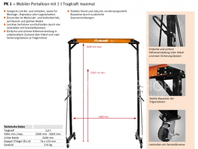 Mobiler Portalkran PK1 Kranportal inkl. Haspelfahrwerk und Elektrokettenzug 500 kg
