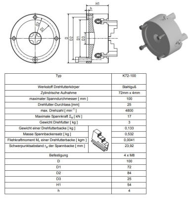 4-Backendrehfutter Guss, einzeln spannend D=100 mm DIN 6350