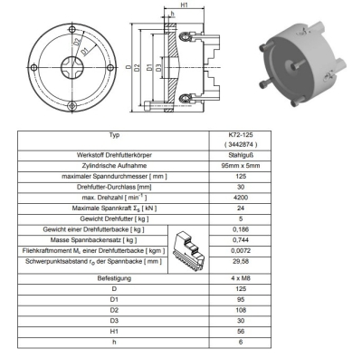 4-Backendrehfutter Guss, einzeln spannend D=125 mm DIN 6350